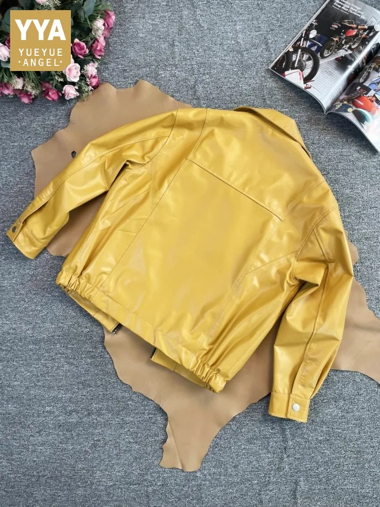 Мужская модная рыжий весенне-осенняя куртка из натуральной кожи, пальто с отложным воротником на молнии, натуральная овчина, молодежная повседневная верхняя одежда