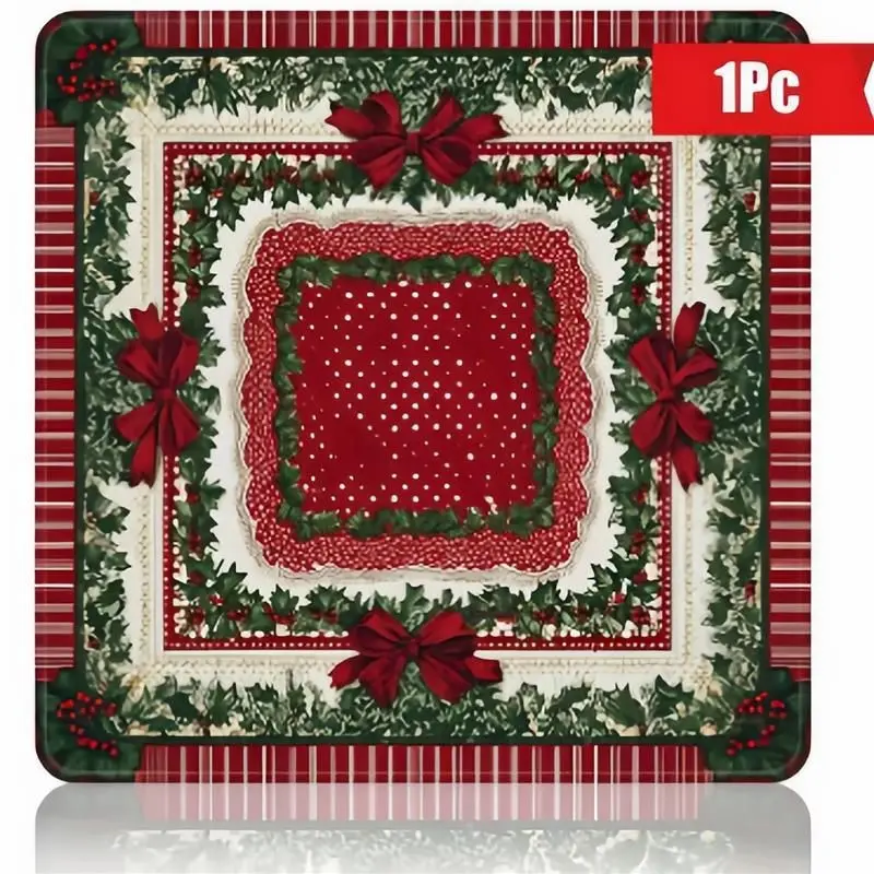VIKAMA Christmas Holly Berry Bow Mahjong Table Cover Red Green Candy Stripe Square Game Mat Xmas Holiday Party Decor