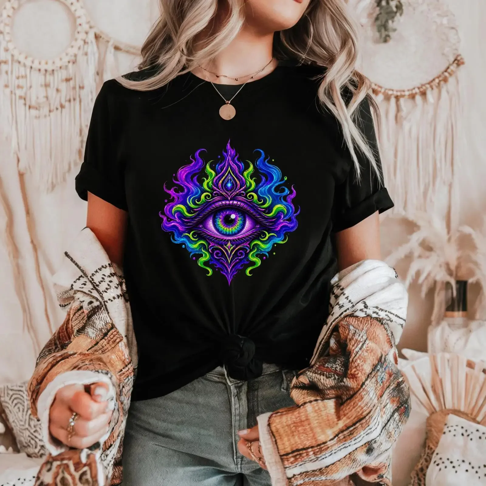 All Seeing Eye T Shirt Psychedelic Neon Flames  vintage Washed streetwear graphic Comfortable Soft Casual Breathable