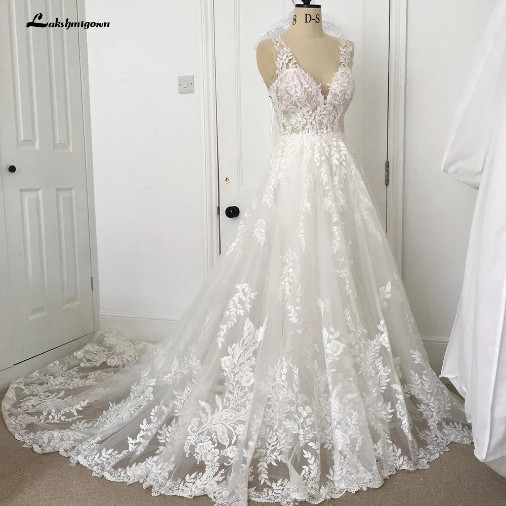 Lakshmigown v pescoço lantejoulas rendas apliques vestido de casamento 2023 boho cintas de espaguete nupcial vestido branco