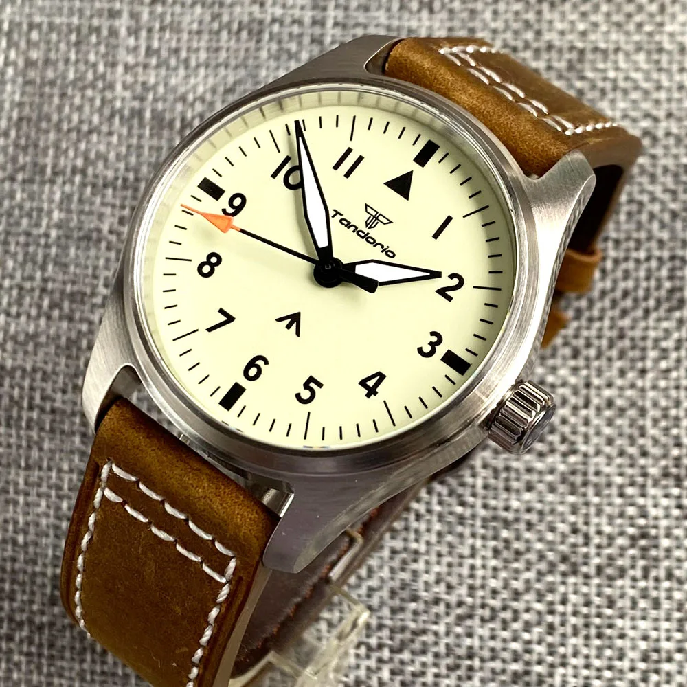 Tandorio 39mm Pilot 200M Automatic Watch Men Beige Full Green Lume Dial NH35A PT5000 Sapphire Crystal Screw Crown Leather