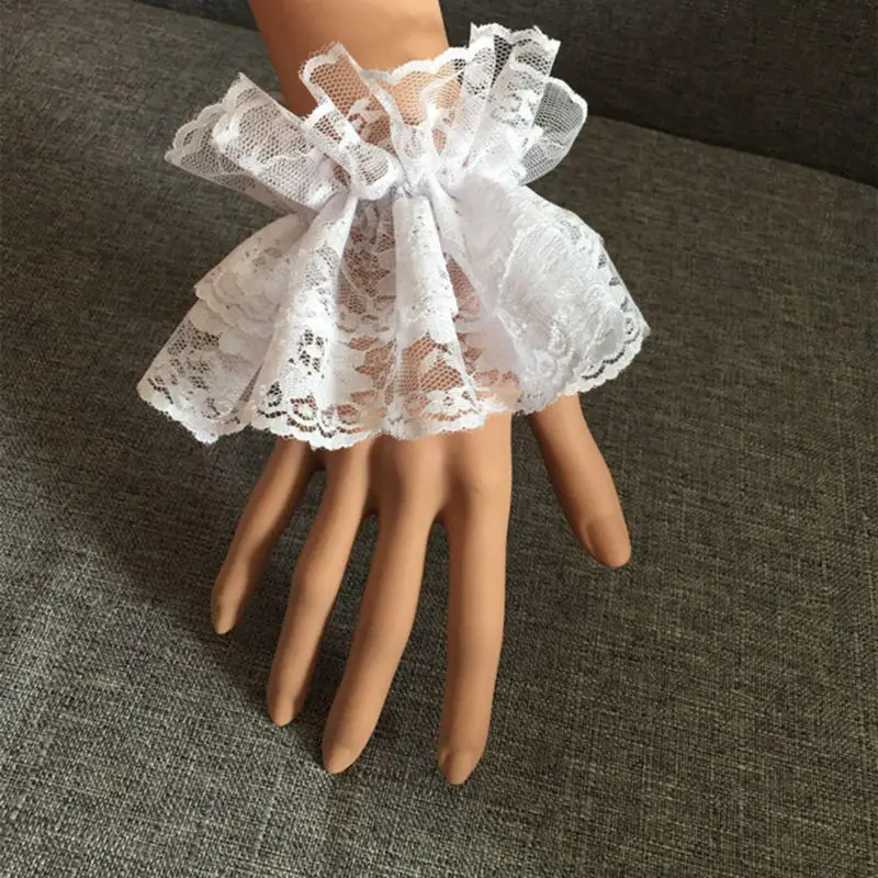 1Pair Lolita Hand Sleeve Wrist Cuffs Ruffled Floral Black Lace Elastic Bracelet Elegant Women Girls Wrist Warmers Gloves Gift image 5