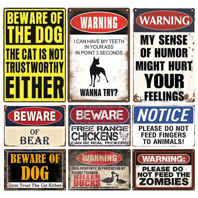 Retro Tin Sign Beware Animals Dog Cat Bull Kraken Chickens Bigfoot Area Caution Decorative Vintage Plaque Metal Poster Decor