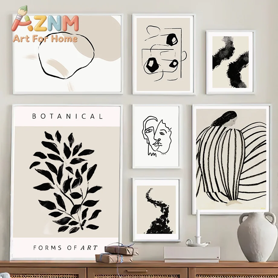 Modern Black Striped Girl Leaves Abstract Posters Prints Modern Minimalist Wall Art Canvas Painting Home Living Room Decorati