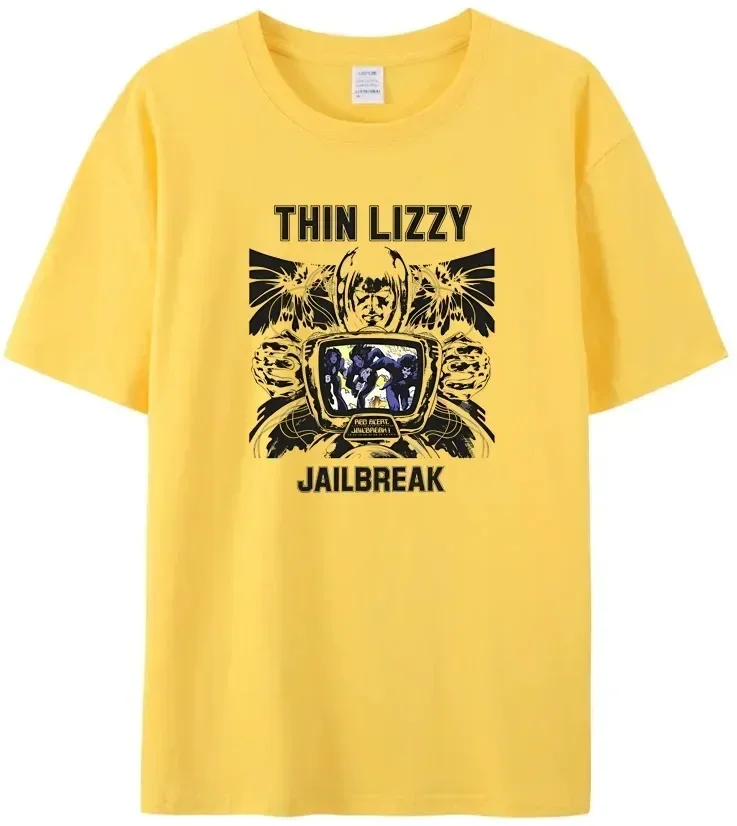 2024 Men\'s T-shirt 100% CottonHarajuku T-shirt Thin Lizzy Retro Cotton JAILBREAK Women\'s Popular Letter Print Black Tee