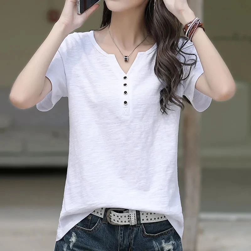 Pure Color Bamboo Rayon Loose Fit Short Sleeve V-Neck T-Shirt Women's Summer New Style Casual Comfortable Breathable Top