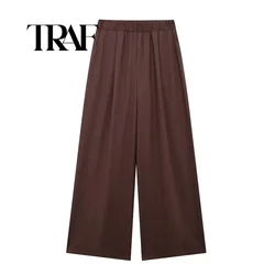 TRAF Women Fashion Linen Texture New Casual Solid Color Pants Chic Female Elastic Waist Wide Legs Trousers Mujer ﻿