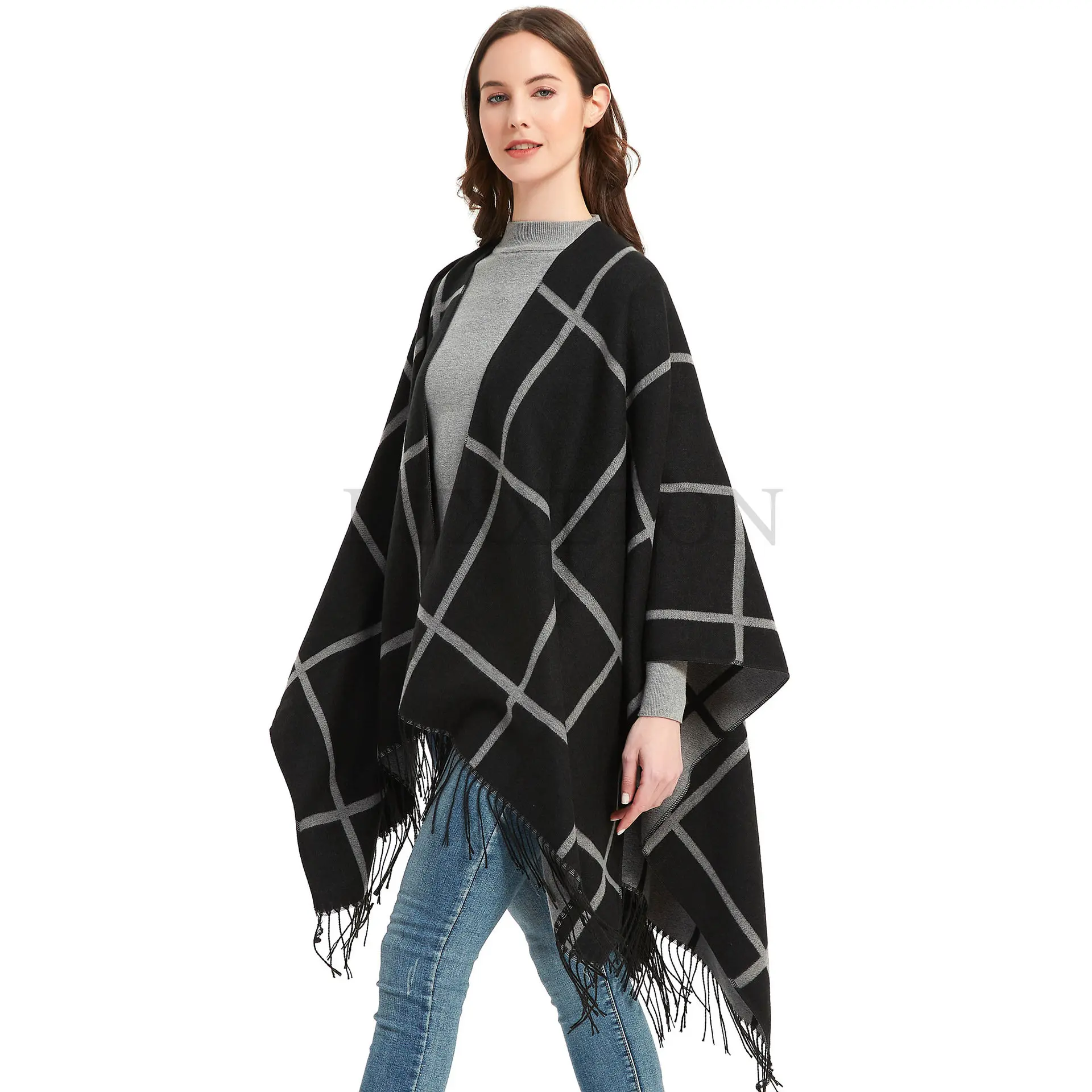 Elegant Cashmere Pashmina Cloak Female Warm Tassel Ponchos Capes Soft Blanket Cape Thick Reversible Plaid Shawls and Wraps