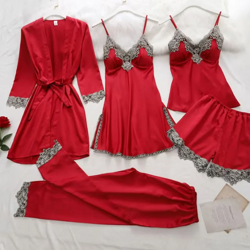 2025 Spring and Summer New Halter Pajamas Five-piece Set Sexy Women's Nightdress Matte Silky Soft Ladies' Home Wear