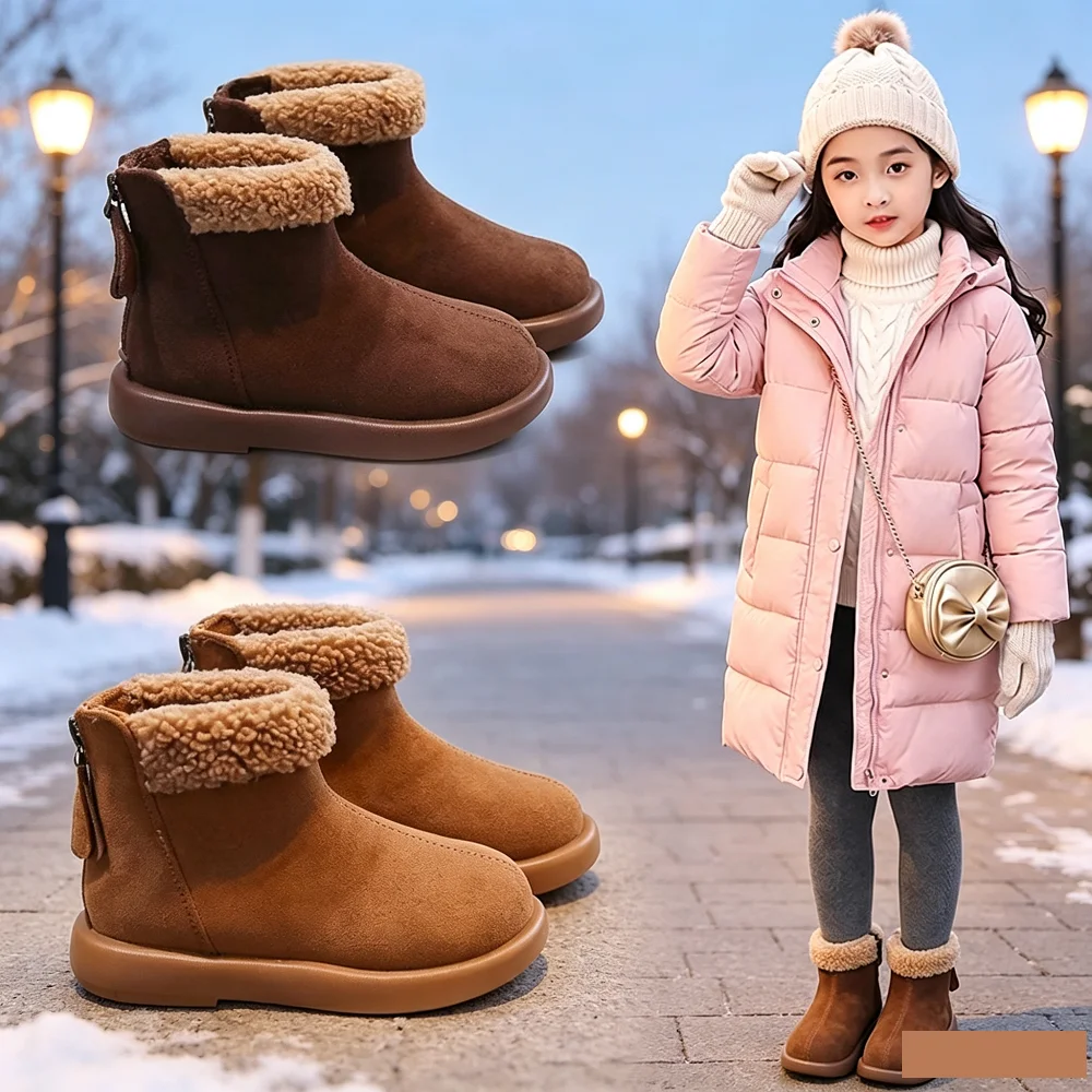 Toddler Girls Fuzzy Collar Winter Ankle Boots, Fleece Lined Back Zipper Non Slip Warm Snow Boots for Daily Cold Weather