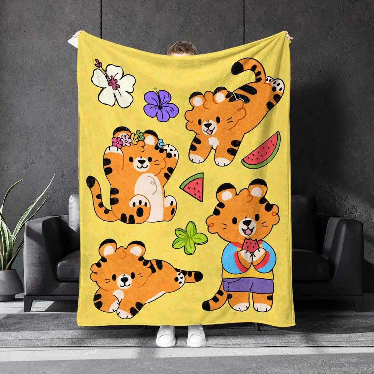 

Фланелевое одеяло с принтом «Счастливый мультяшный тигр», подходящее для всех сезонов, подходящее для гостиной, офиса, дивана и путешествий