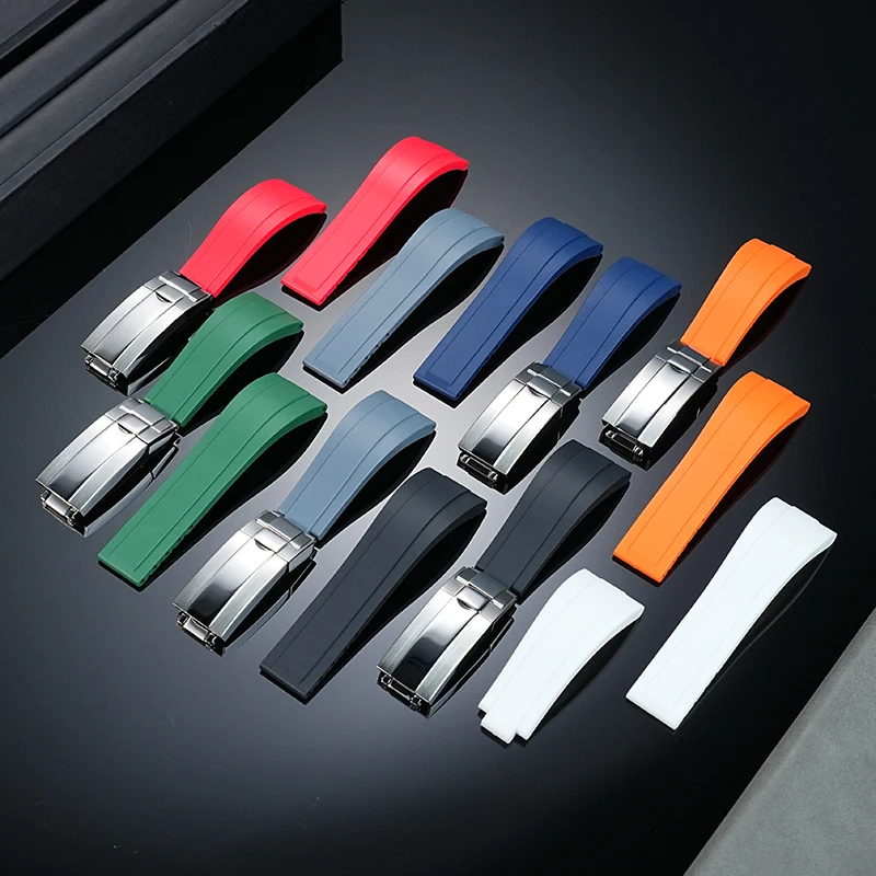 20mm 21mm 22mm Silicone Rubber Watchband For Rolex Tudor Omega Flat End Watch Belt Soft Rubber strap Folding silver buckle