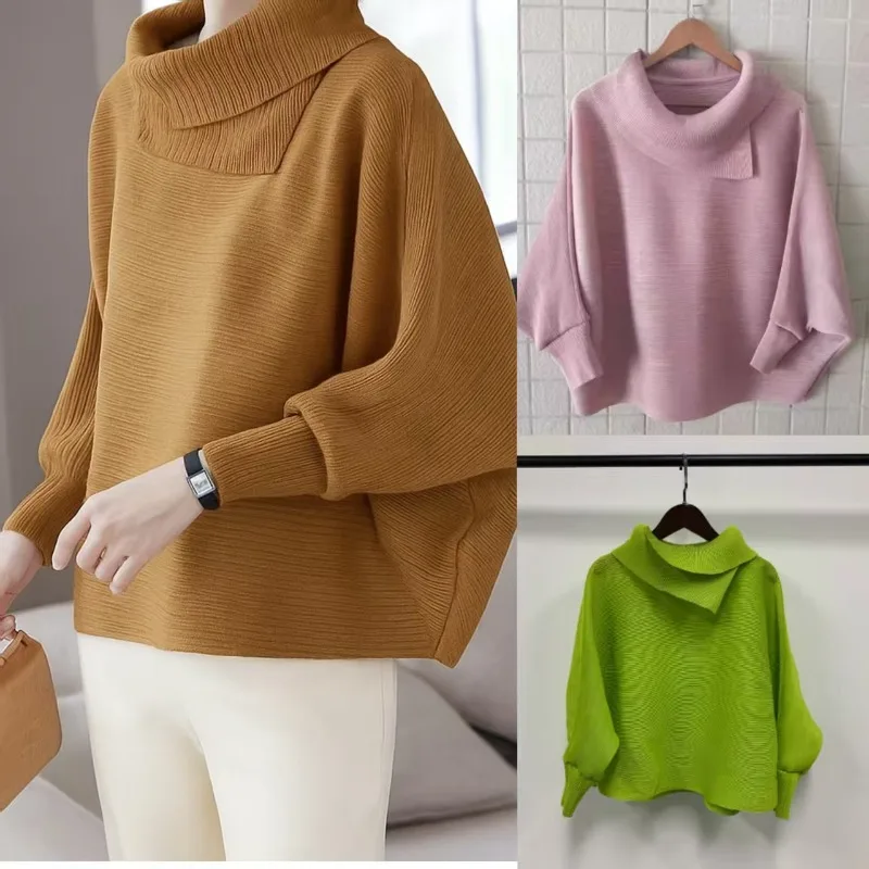

Miyake Pleated Scarf Neck Top 2025 Summer New Loose Plus Size Long Sleeve Pleated Bottom Shirt Bat Sleeve T-Shirt Women Clothing