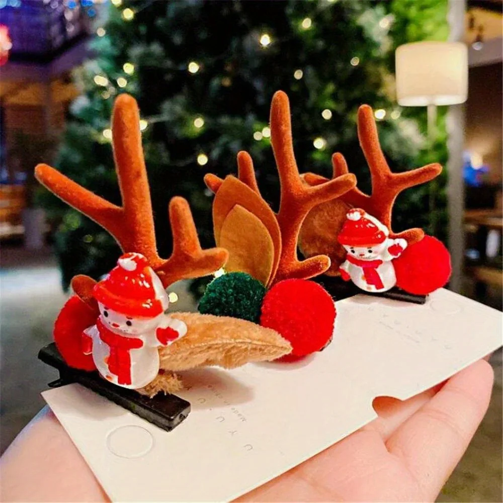 2pcs Christmas Hair Pin Cute Antler Deer Ear Hair Clips Santa Claus Snowman Barrettes Kids Headwear Girls Hair Accessories