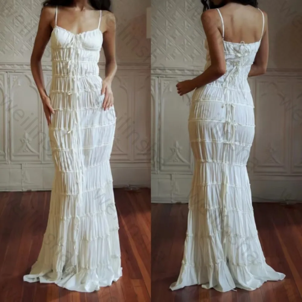 

Customized Sexy Spaghetti Strap Sleeveless Pleat Evening Dresses Backless Celebrity Dress Exquisite High Quality Prom Party Gown