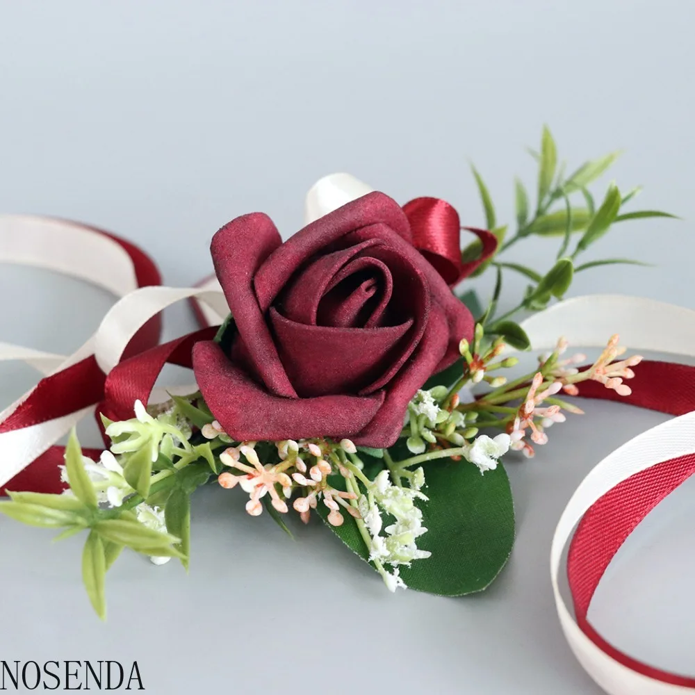 Burgundy Men Boutonniere Ribbon Wrist Corsage Bridesmaid Boutonniere Marriage Accessories Wedding Decoration  Flower for Bride