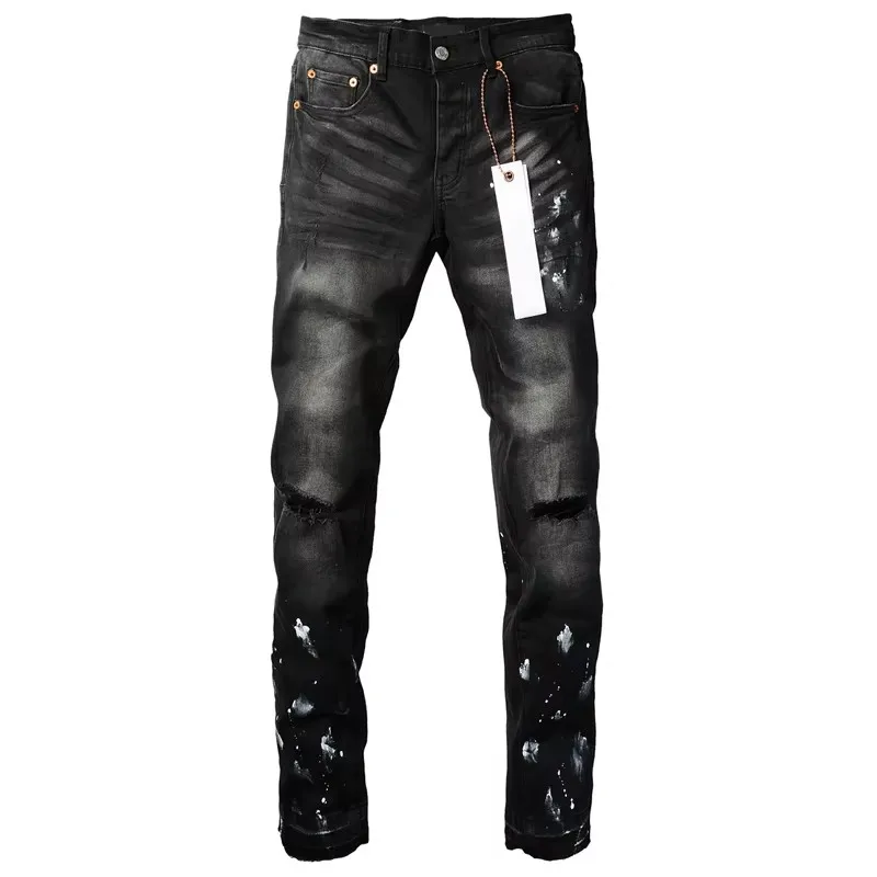 High Street Classic Black Inkjet Purples Jeans Men\'s Streetwear Stretch Slim Denim Long-pants Hip Hop Casual Trousers