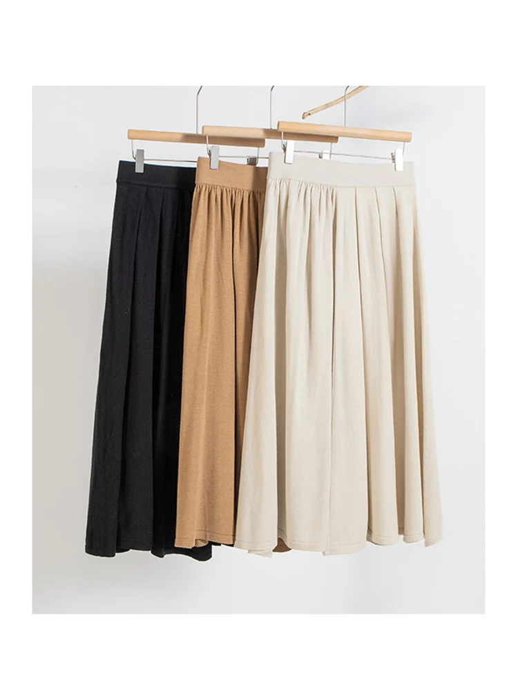 SuyaDream, Women Pleated Skirt, 32.4%Sheep Wool, Solid Woolen Knitted Long Skirts, 2024 Autumn Winter Warm Under Dress