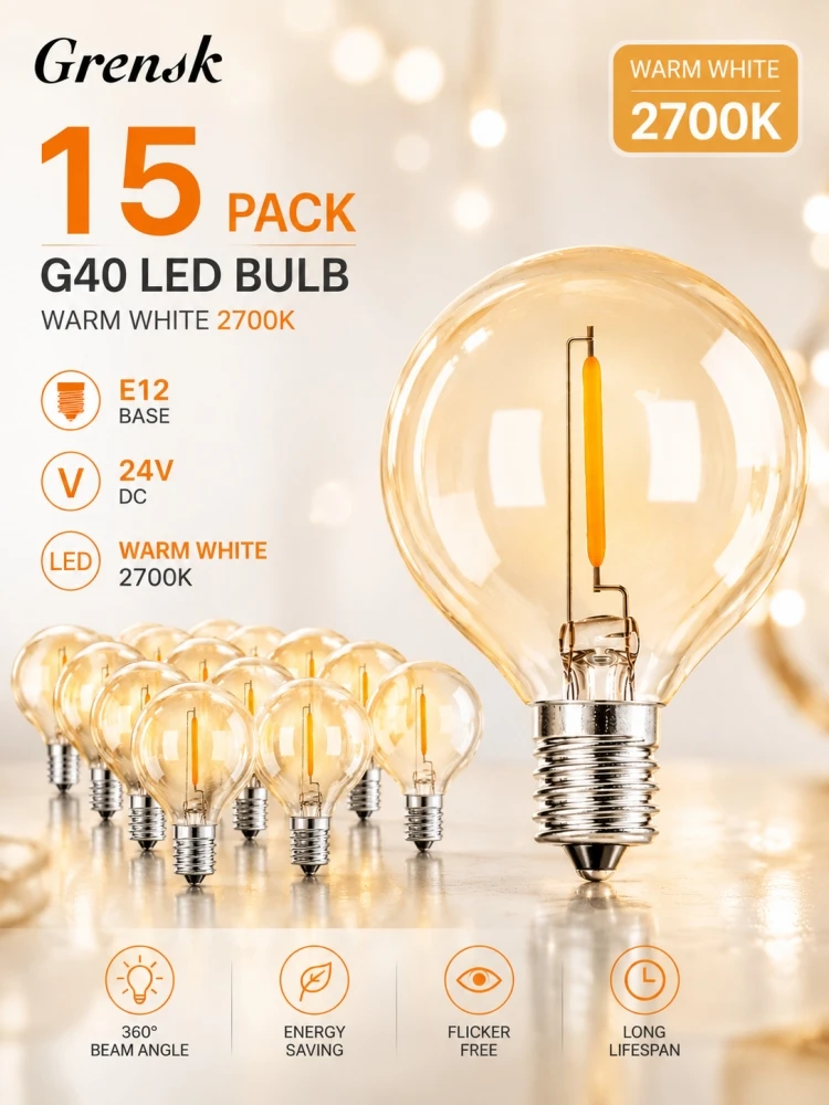 

Grensk G40 LED Replacement Bulbs 24V E12 2700K Warm White Amber Globe Bulbs Waterproof for Outdoor Patio Party String Lights
