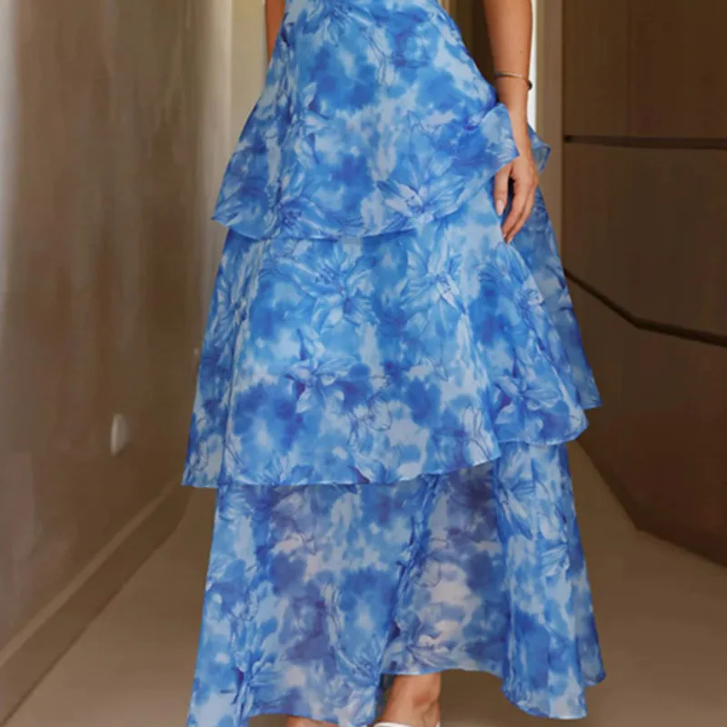 Boho เซ็กซี่ V คอเอวสูง Ruffle เค้กชุดผู้หญิงฤดูใบไม้ผลิดอกไม้พิมพ์ชีฟองชุดยาวฤดูร้อนใหม่ Backless Zip ชุดสลิง