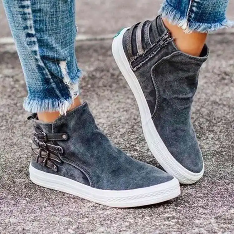 Scarpe di tela da donna 2022 Autunno High Top Fibbia della cintura Donna Mocassini casual Appartamenti Plus Size Cerniera Denim Scarpe da donna