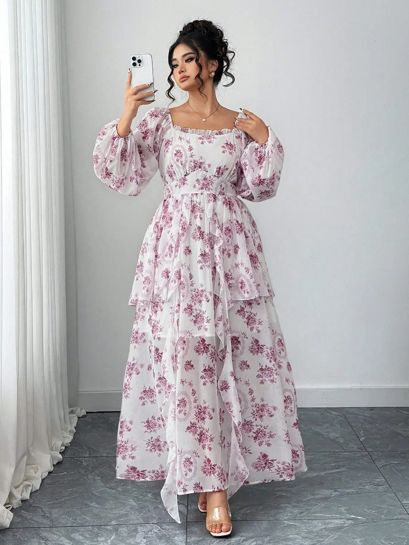 Plus Size Floral Print Square Neck Lantern Sleeve Ruffle Hem Maxi Dress