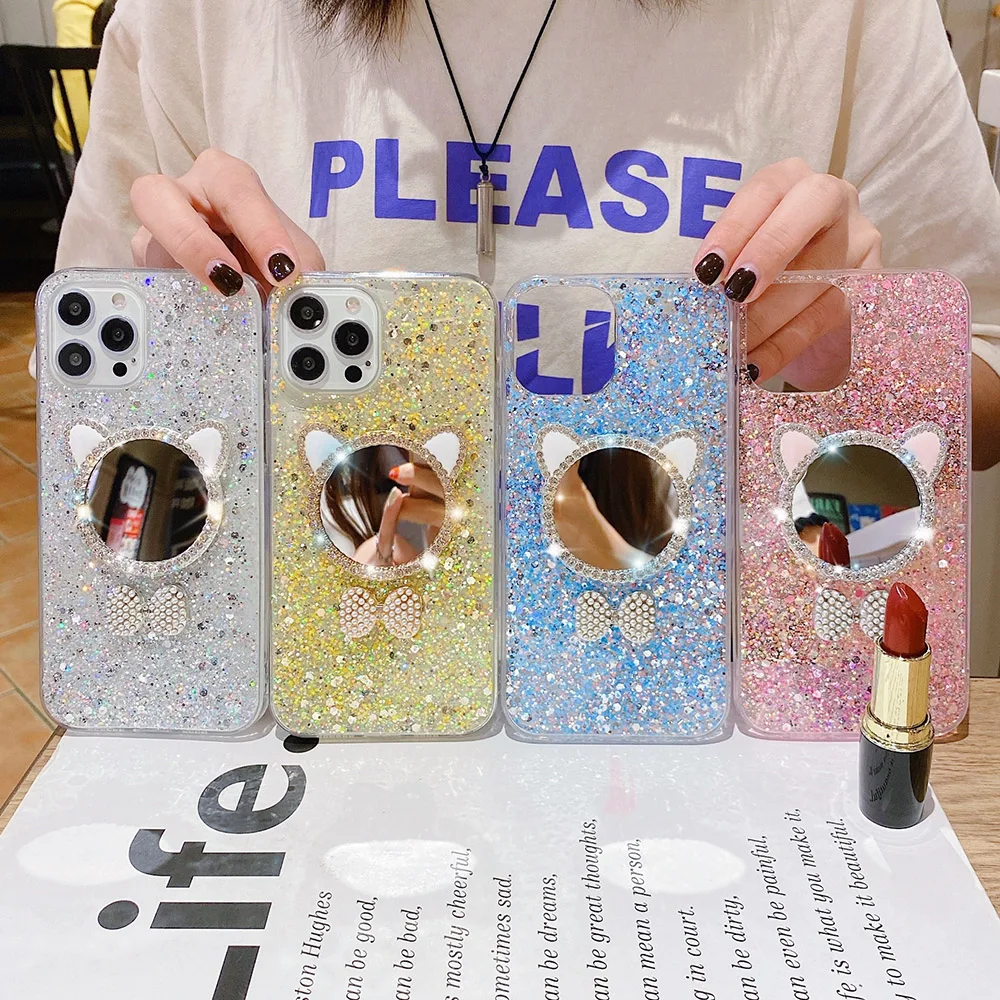 Luxuriöse katzenförmige Make-up-Spiegel-Handyhülle für iPhone 14 Pro Max 15 12Pro 11 13 14 XS Max XR SE 7 8 Plus X XS Hülle aus Kunststoff