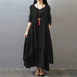 Women's 2024 Summer Pullover Round Neck Combination Fashion Solid Color Literary Ethnic Style Linen Long Sleeved Dress
