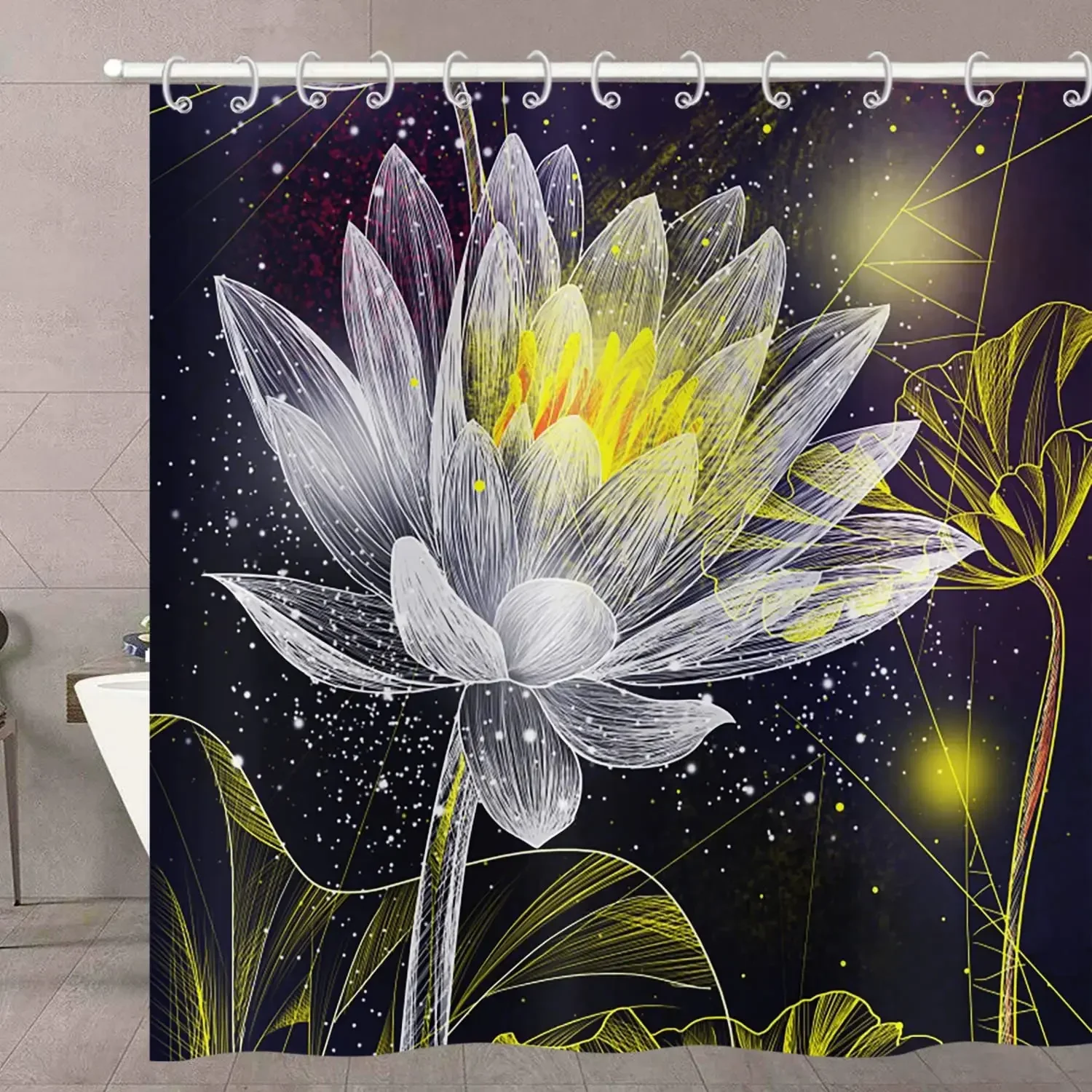 Lotus Shower Curtain Black＆White Flower Magic Elegant Floral on Black Background Modern Simple Unique Art Women Bathroom Curtain