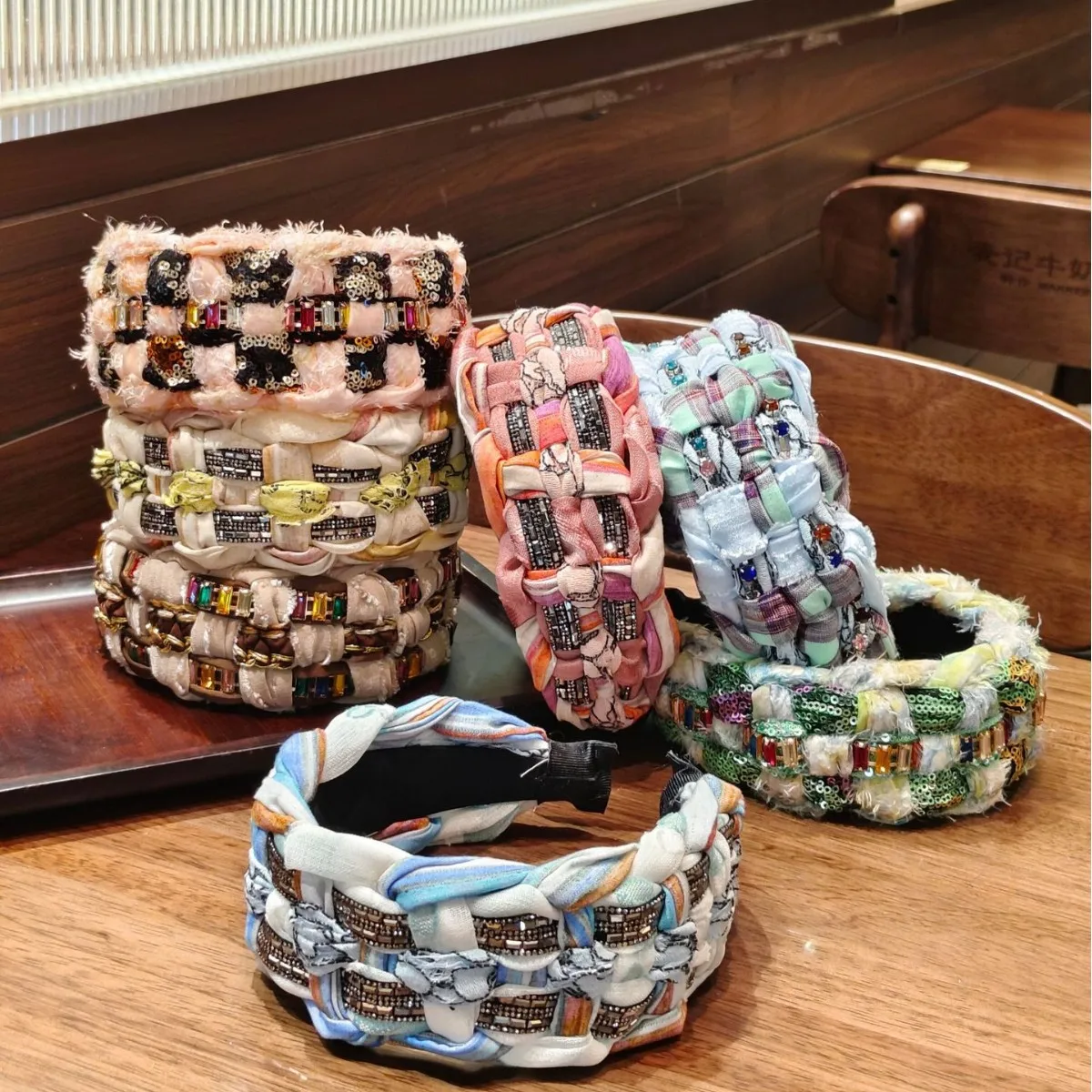 Heavy Industry Handwoven Braids High Cranial Top Wide Edge Headband Diamond Retro Premium Light Luxury Headband Multi-color Mixe