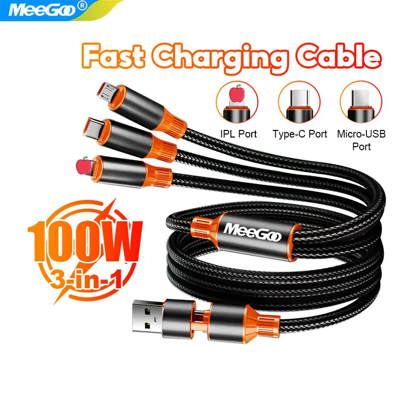 MeeGoo 5A 120W 3 in 2 Fast USB C Cable for Huawei/Honor Retractable Portable Micro USB Type C Charger Cord For iPhone Samsung