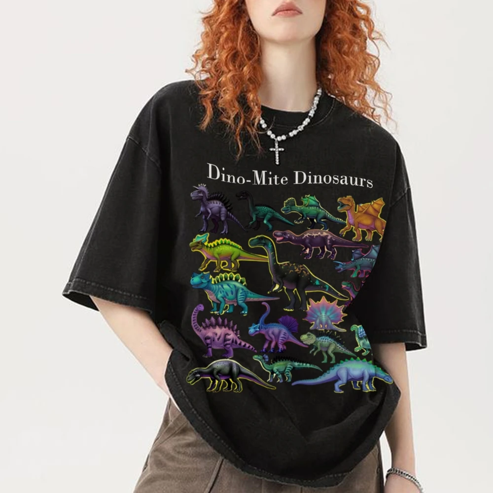 Dinosaur Graphic Print T Shirt 90s Vintage Unisex Washed Old T-shirt Hip Hop Streetwear Trendy Cotton Loose Short Sleeve