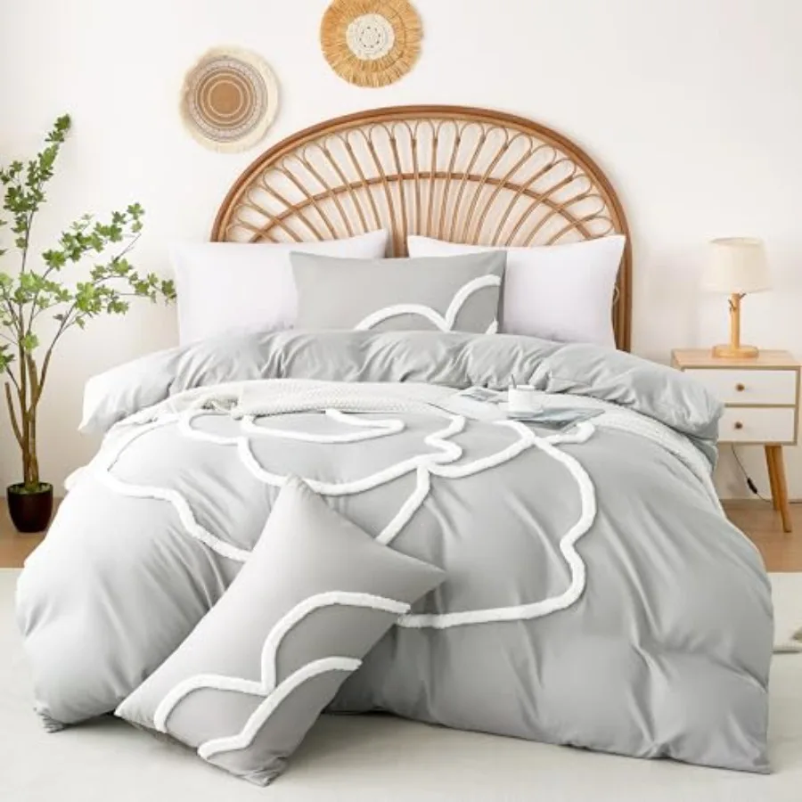 

Duvet Cover Size 3 Pieces Duvet Covers Set Boho Tufted Comforter Sets with Zipper Closure Soft Breathable Floral Bedding Set fo