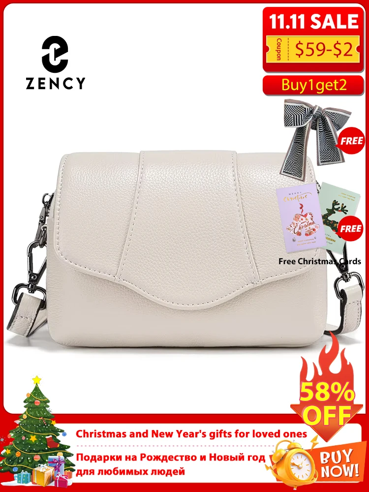 

Zency 2025 Genuine Cowhide Leather Crossbody for Women Simple Multi-compartment Shoulder Handbag Satchel Cow Skin Khaki Beige