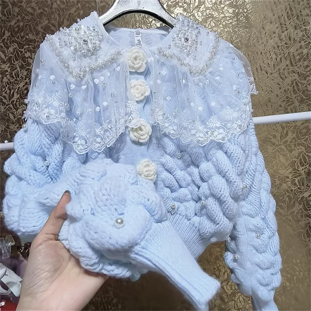 

Pearl bubble thickening three-dimensional hook flowers thick cardigan Lace coat