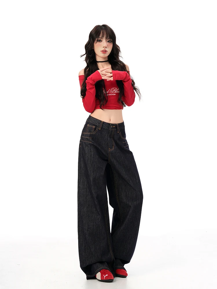 Y2K جينز فضفاض عالي الخصر للنساء تصميم فتاة حار للخريف بتصميم أنبوب مستقيم معلق على الأرض بنطال ذو قصة أرجل واسعة #5