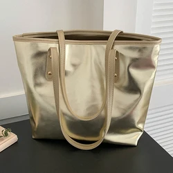 Bolso de diseñador de lujo para mujer, bolso grande de hombro dorado plateado, bolso de mano con asa Simple, bolso de compras suave de Color sólido