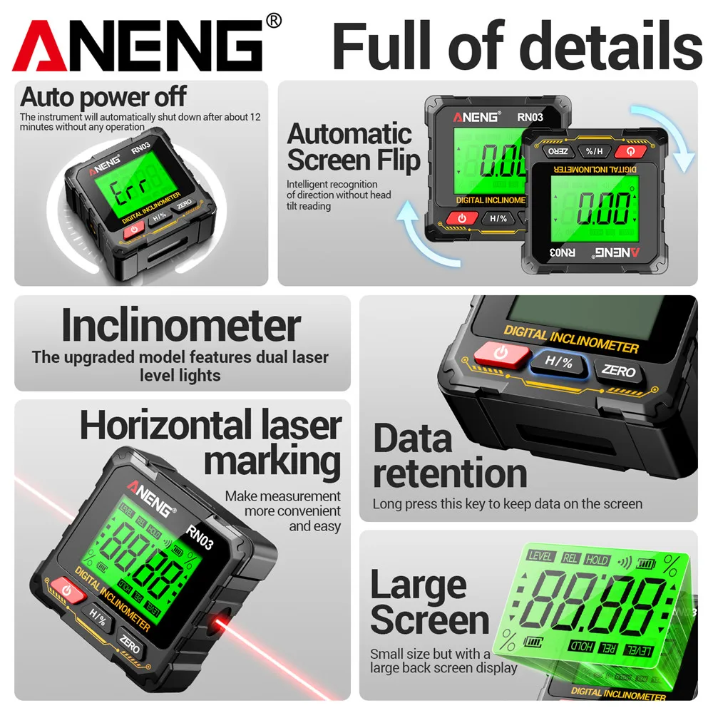 مقياس الميل بالليزر الأحمر ANENG RN01/RN02/RN03 مقياس زاوية المغناطيس صندوق المستوى الإلكتروني حاكم الخلفية المنقلة أدوات النجارة #2