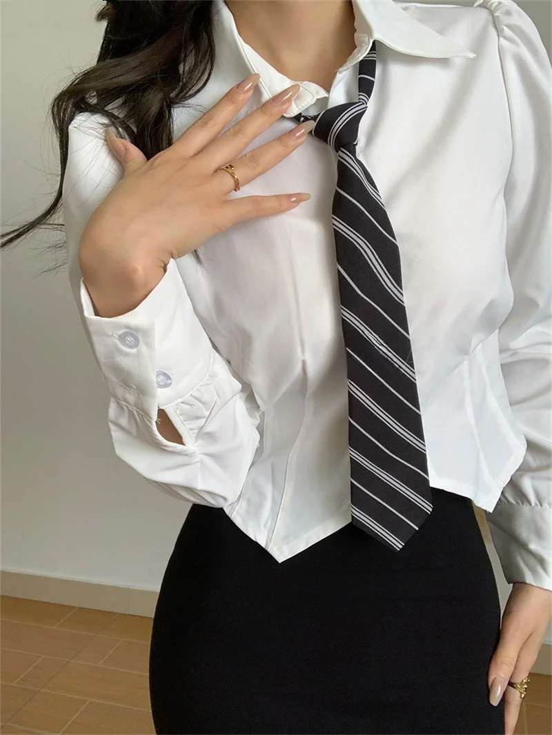 Ele ort Svel irt Mujer Faion Coreano Sle Collar Bubble Sve Long Sve Slim Fit Blanco College Sle
