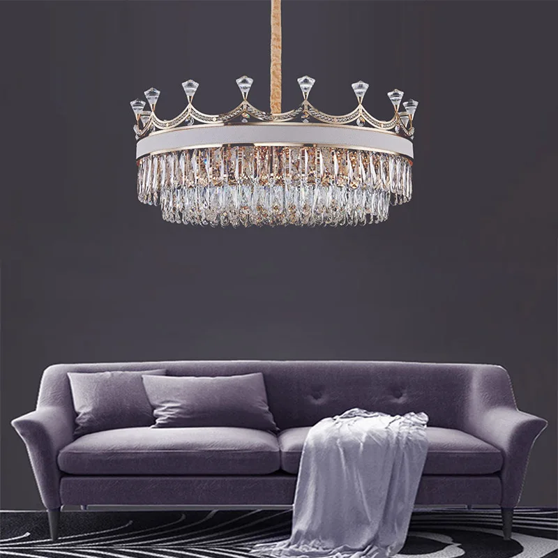 Crown Crystal Dimmable LED Light Ceiling Chandeliers Gray Leather Luxury Lustres Round Hanging Lamps Home Decor for Living Room