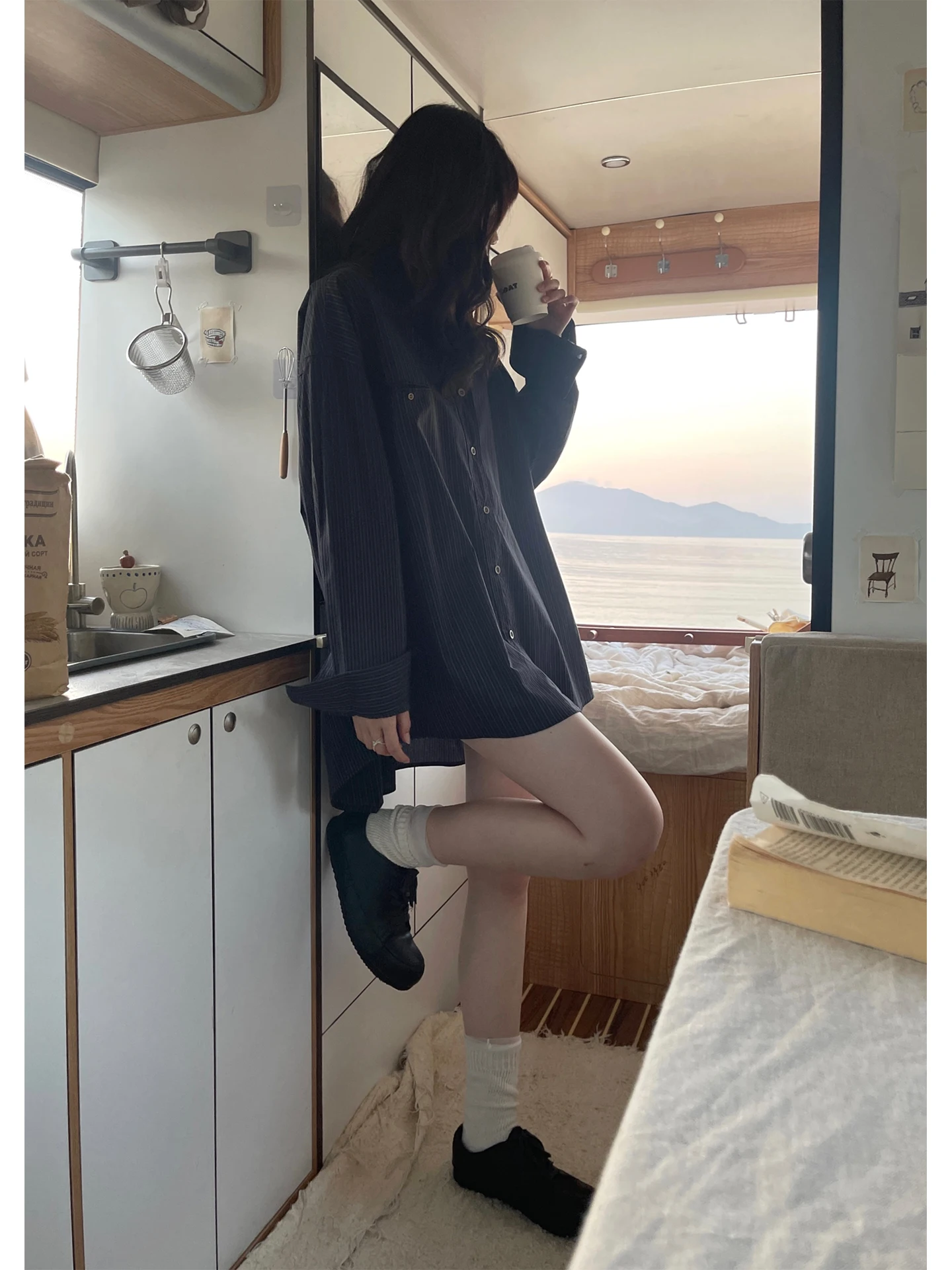 

JMWOMEN Deep Sapphire Blue Striped Long Sve irt Women's Loose Lazy Collar Top Spring 2026 Casual Cotton Blend irt