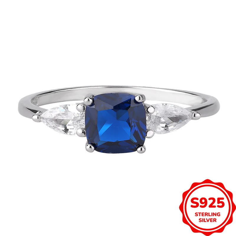 

Light Luxury Personalized Genuine S925 Silver Four-prong Square Blue Zircon Women's Wedding Ring