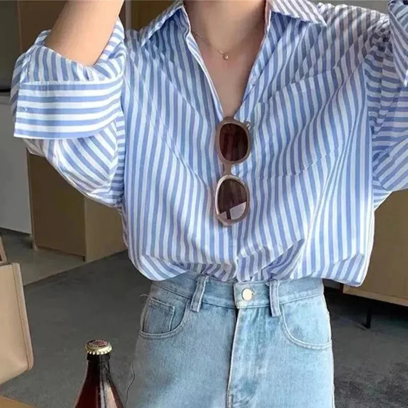 Camicie a righe Donna Y2K Vintage Streetwear Top a maniche lunghe Coreano Moda Ufficio Donna Elegante Camicetta casual allentata 2025 Nuovo