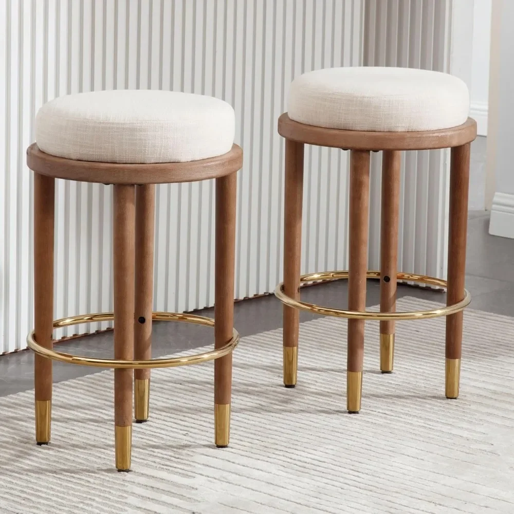 26’’ Rustic Backless Bar Stools with Metal Gold Footrest Counter Height Bar Stools Set of 2 Farmhouse Beige Linen Upholstered