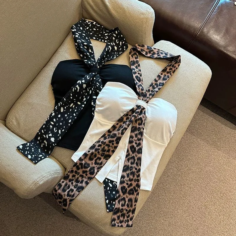 Trend Sexy Leopard Halter Patchwork Brust Wrap Top T Sommer Frauen Kleidung Neue Slim Alle-spiel Schnürung Leibchen Weibliche t-Shirts