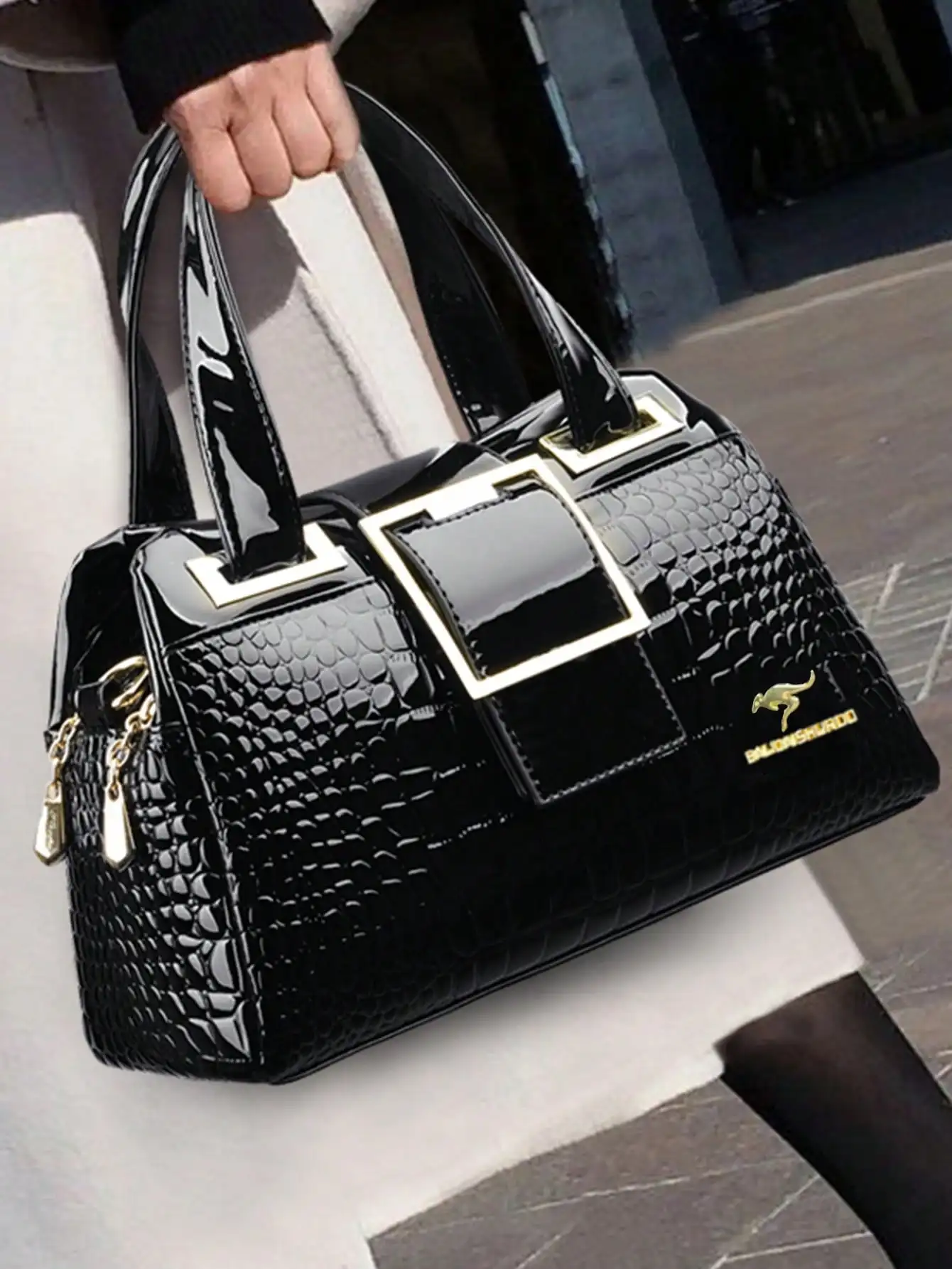 

Glossy Croc-Embossed Top Handle Bag with Gold Buckle - Black