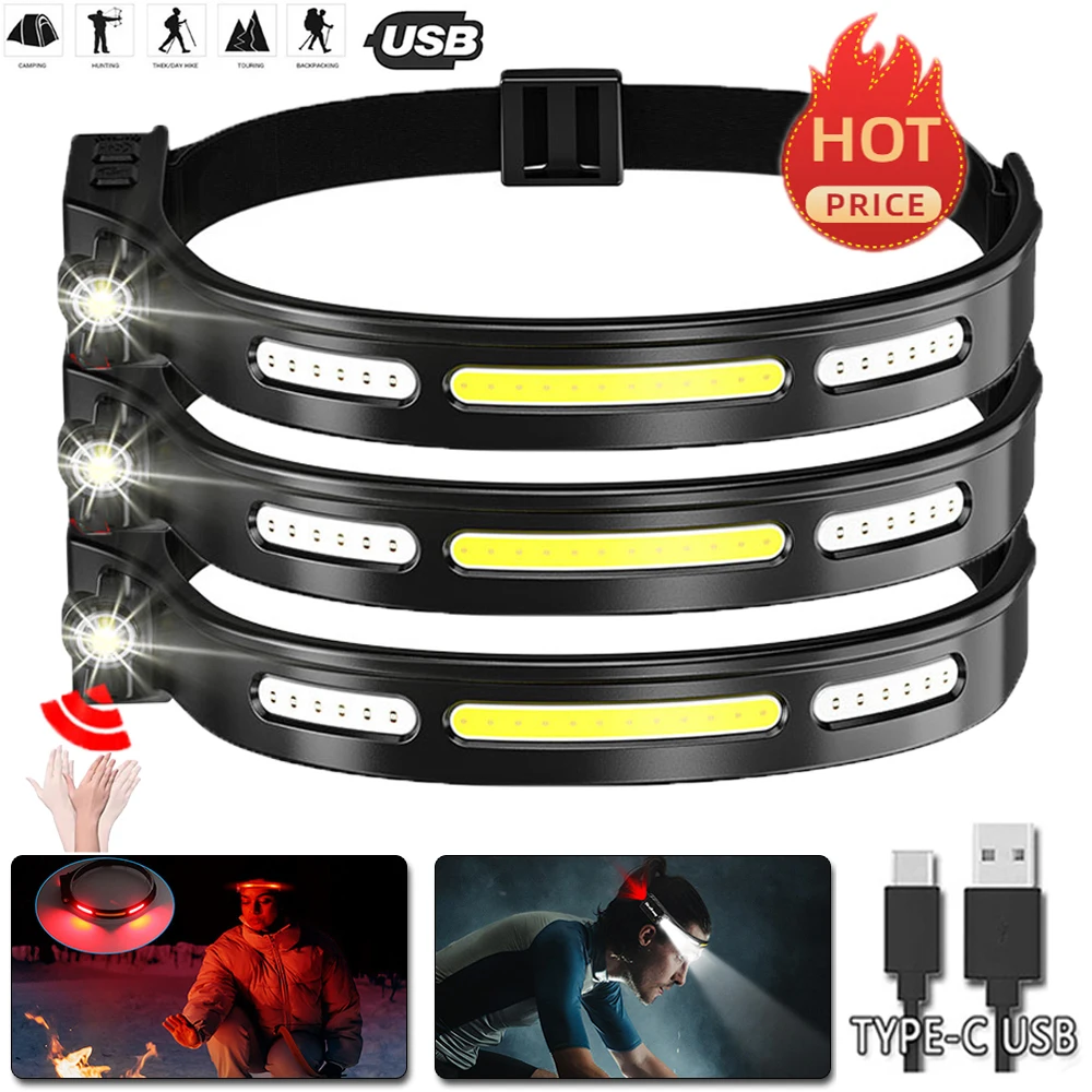 New Sensor LED Headlamp Portable COB LED Headlight Flashlight USB Rechargeable Waterproof Head Torch Camping Light