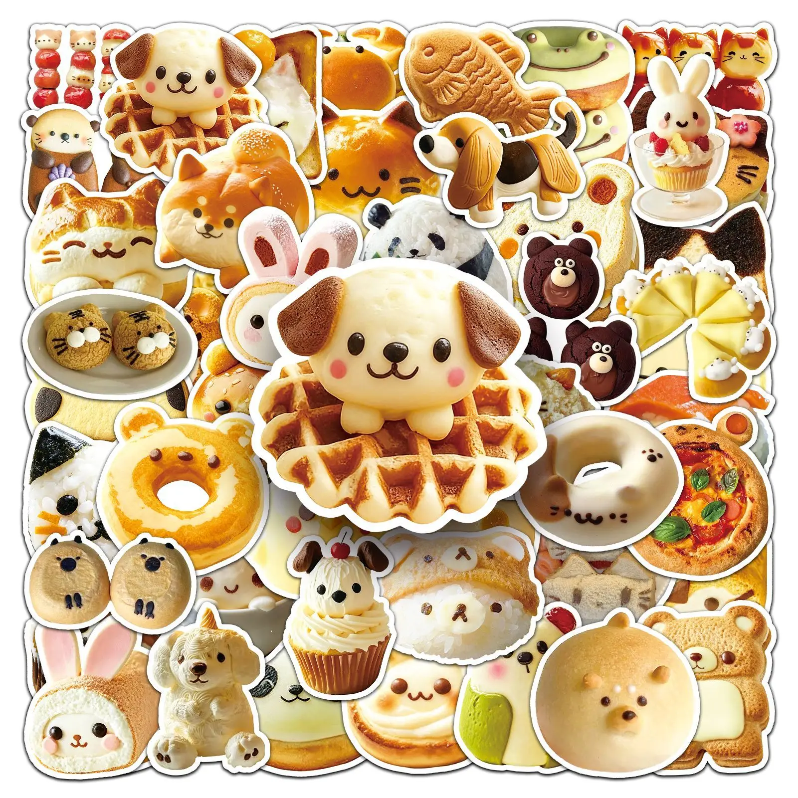 

50PCS Cartoon Cute Animal Food Biscuits Bread Stickers Waterproof Graffiti Decals Toy for Stationery Box Scrapbook Diary