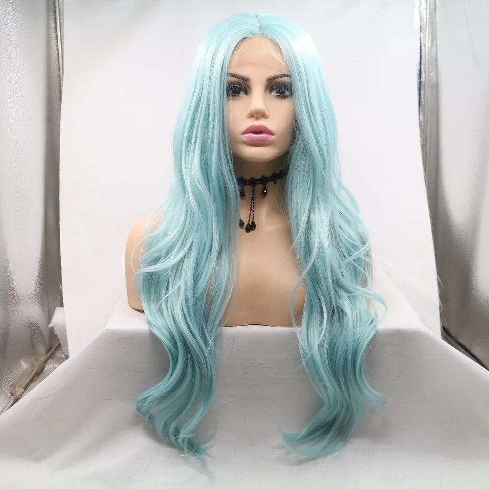 Synthetic Hair Wig Raw Material 13*1 Small Lace Wig Long Body Wave Mint Green with Heat Resistant For Women Cosplay