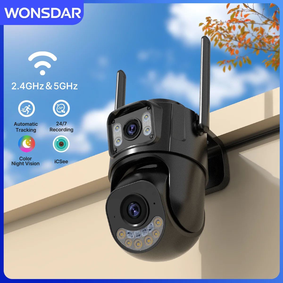 كاميرا WONSDAR 2.4 جيجا هرتز و5 جيجا هرتز واي فاي PTZ عدسة مزدوجة شاشة مزدوجة حماية أمنية كاميرا IP رؤية ليلية ذكية تتبع تلقائي iCSee